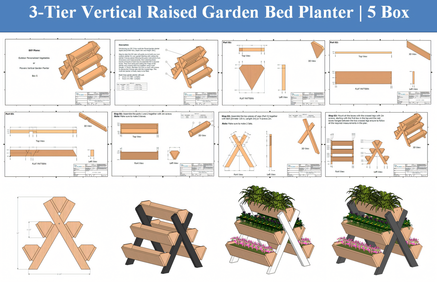 3-Tier Vertical Raised Garden Bed Planter, 5 Box DIY Plans for Vegetable | Flower Gardening Picket Fence Multi-Tier Flower | Herb Box Design