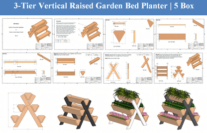 3-Tier Vertical Raised Garden Bed Planter, 5 Box DIY Plans for Vegetable | Flower Gardening Picket Fence Multi-Tier Flower | Herb Box Design
